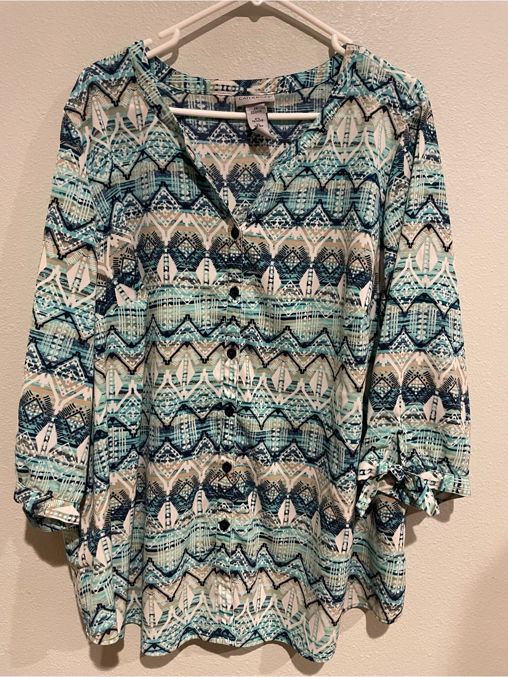 Catherines Teal Navy and White Patterned V-Neck Tunic